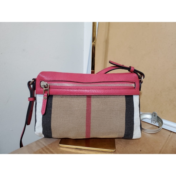 BURBERRY Check Canvas Crossbody Cadmium Farley Red Bag - Picture 6 of 11